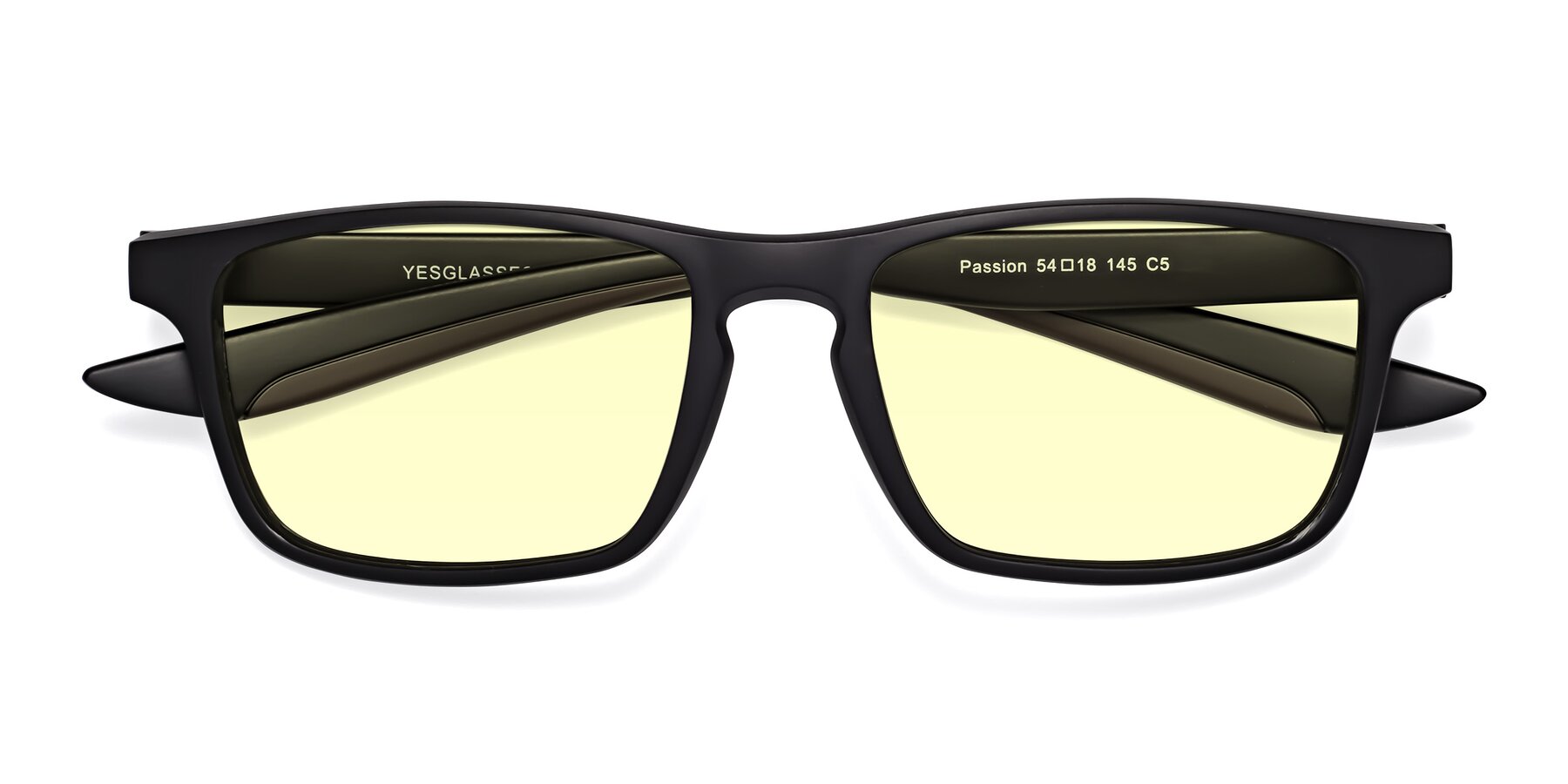 Folded Front of Passion in Matte Black-Coffee with Light Yellow Tinted Lenses