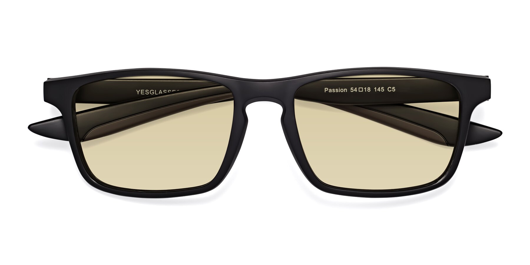 Folded Front of Passion in Matte Black-Coffee with Light Champagne Tinted Lenses