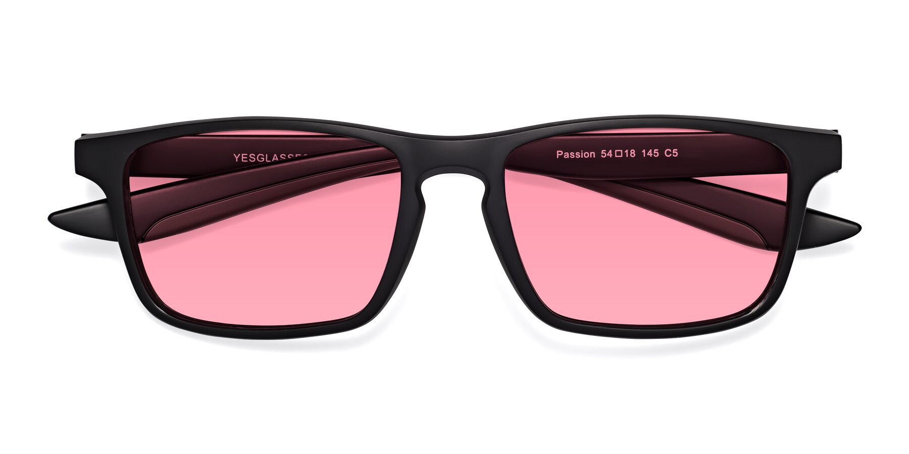 Folded Front of Passion in Matte Black-Coffee with Pink Tinted Lenses