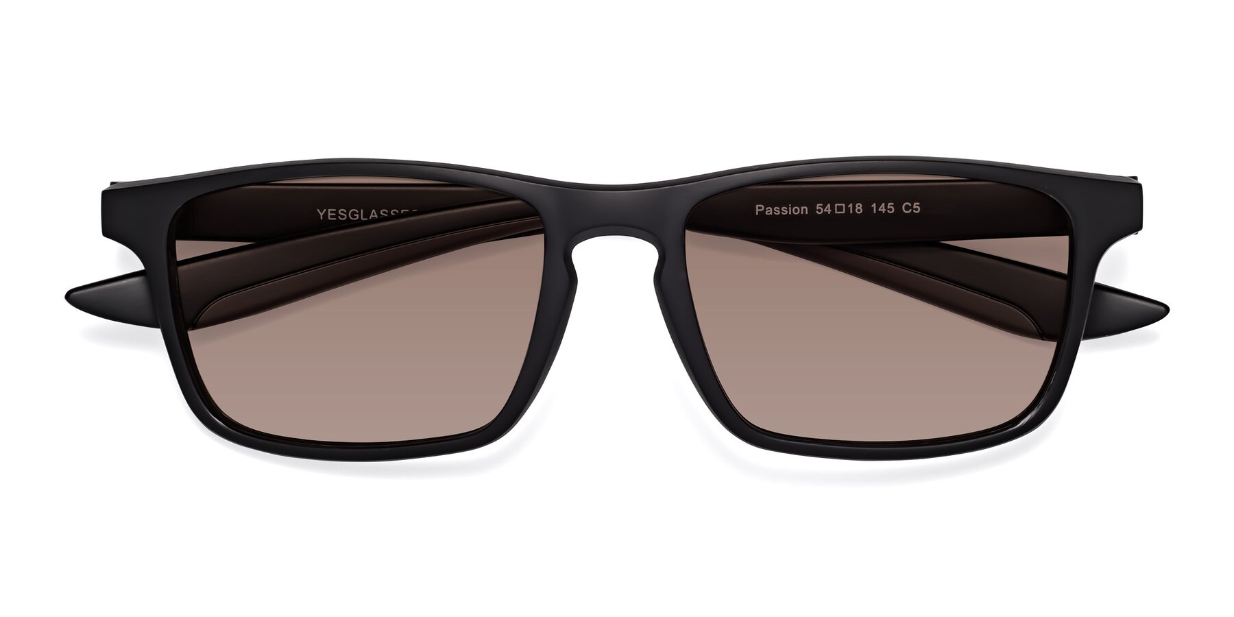 Folded Front of Passion in Matte Black-Coffee with Medium Brown Tinted Lenses