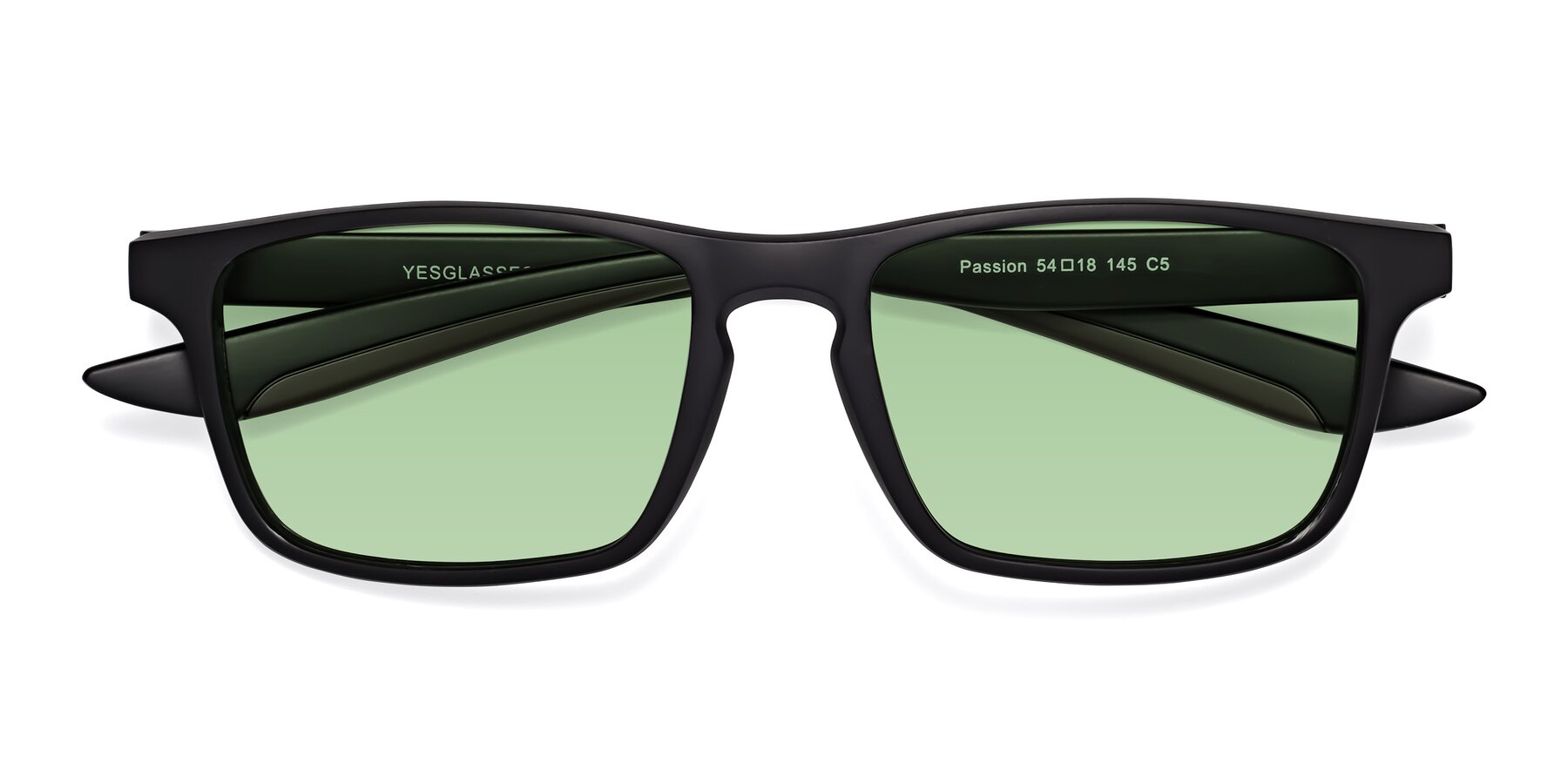 Folded Front of Passion in Matte Black-Coffee with Medium Green Tinted Lenses