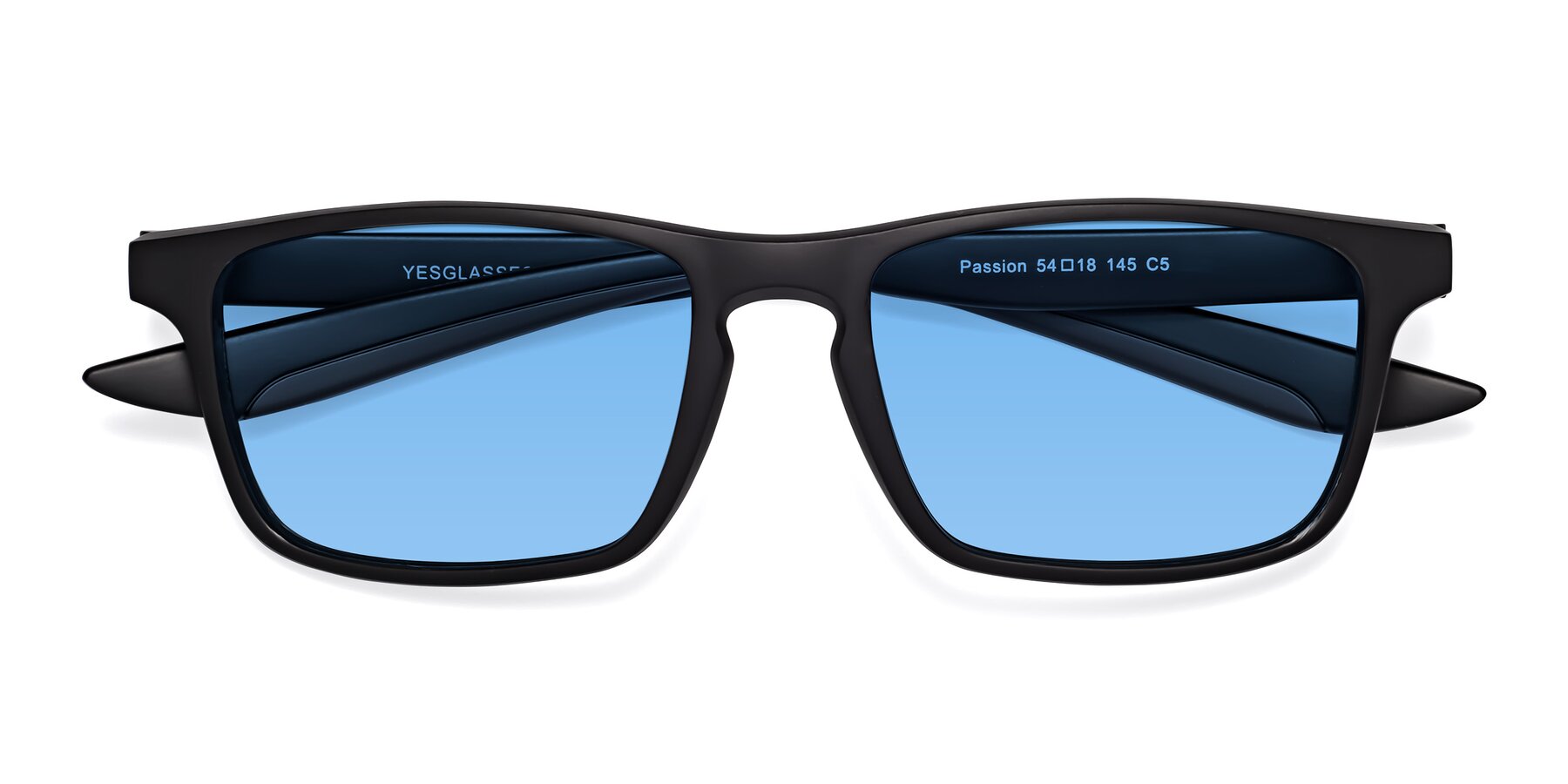 Folded Front of Passion in Matte Black-Coffee with Medium Blue Tinted Lenses