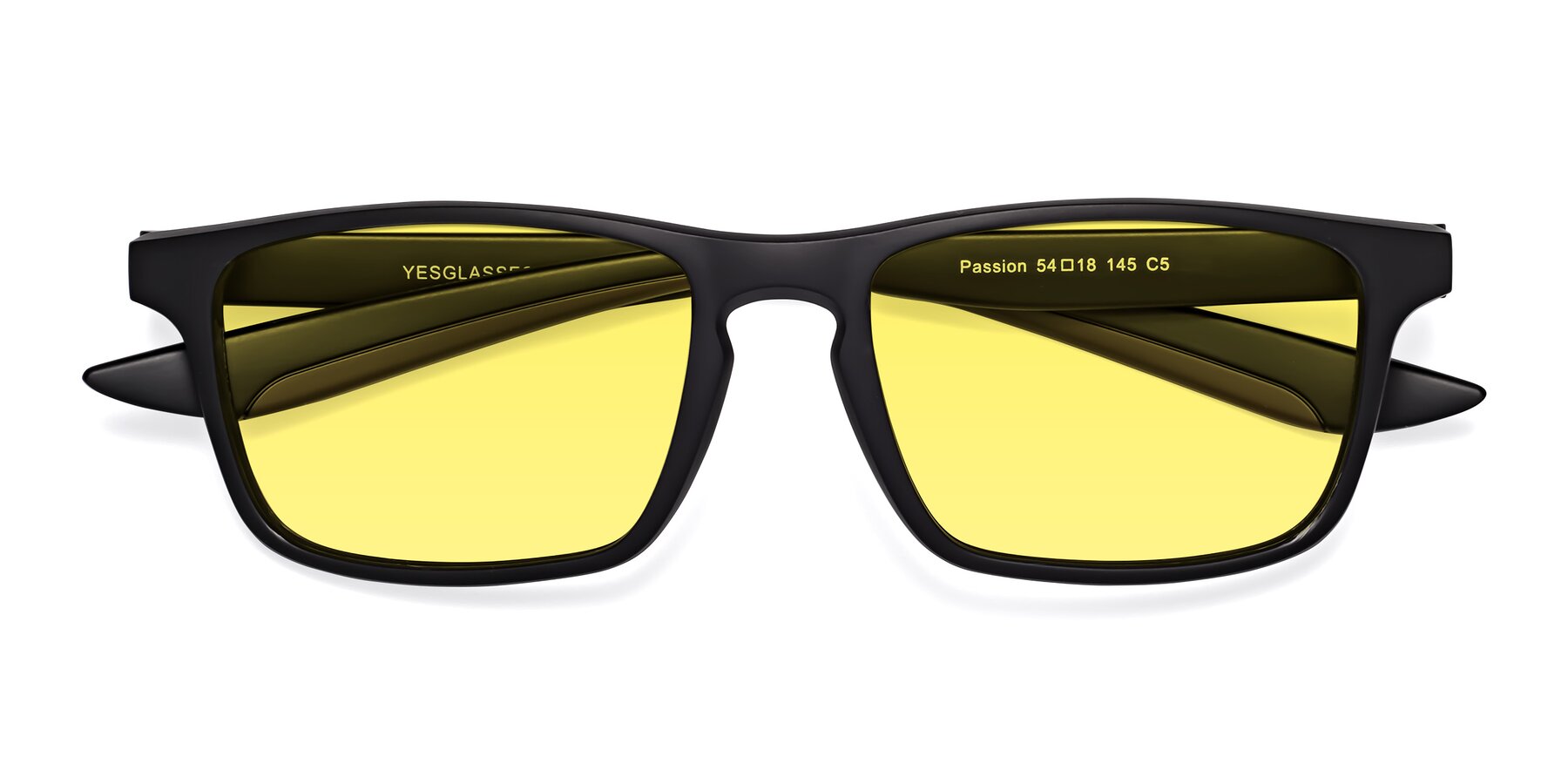 Folded Front of Passion in Matte Black-Coffee with Medium Yellow Tinted Lenses