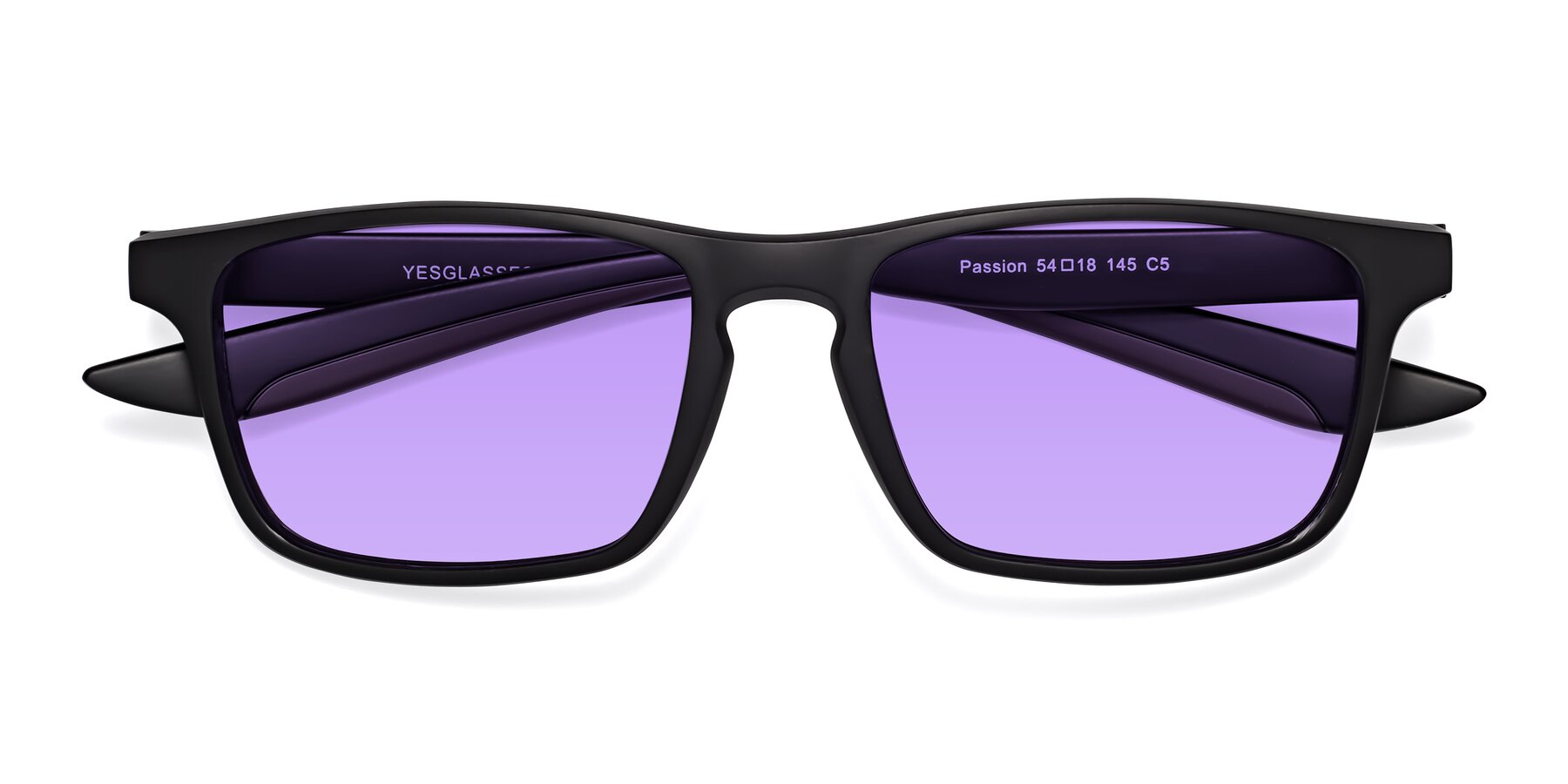 Folded Front of Passion in Matte Black-Coffee with Medium Purple Tinted Lenses