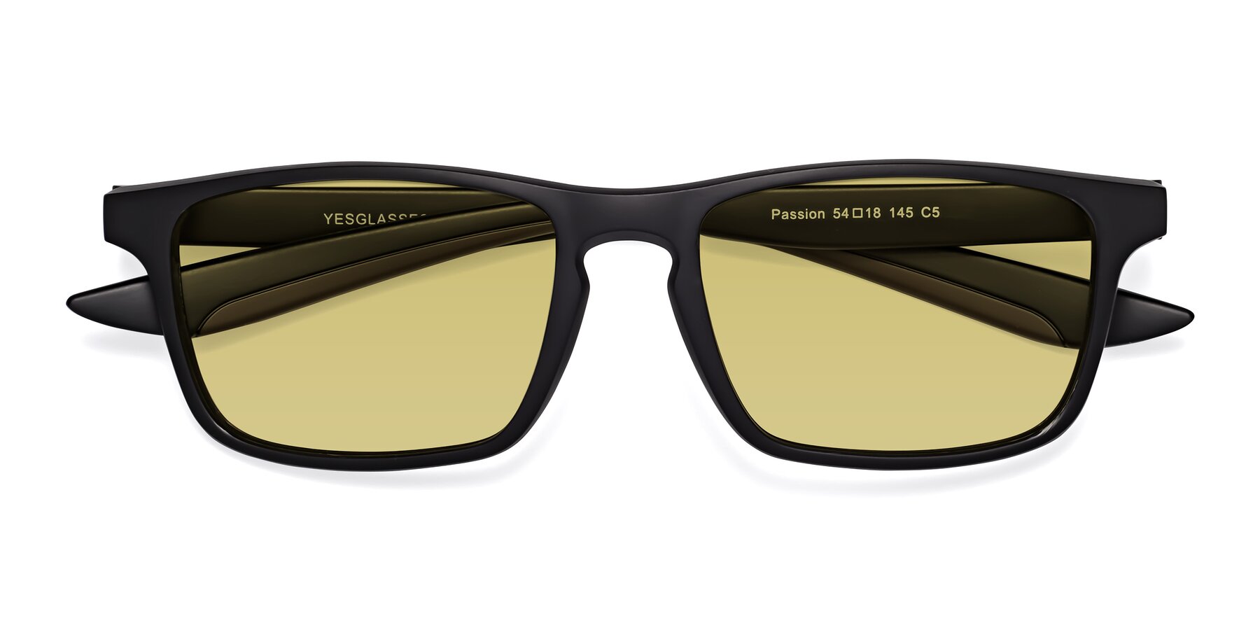 Folded Front of Passion in Matte Black-Coffee with Medium Champagne Tinted Lenses