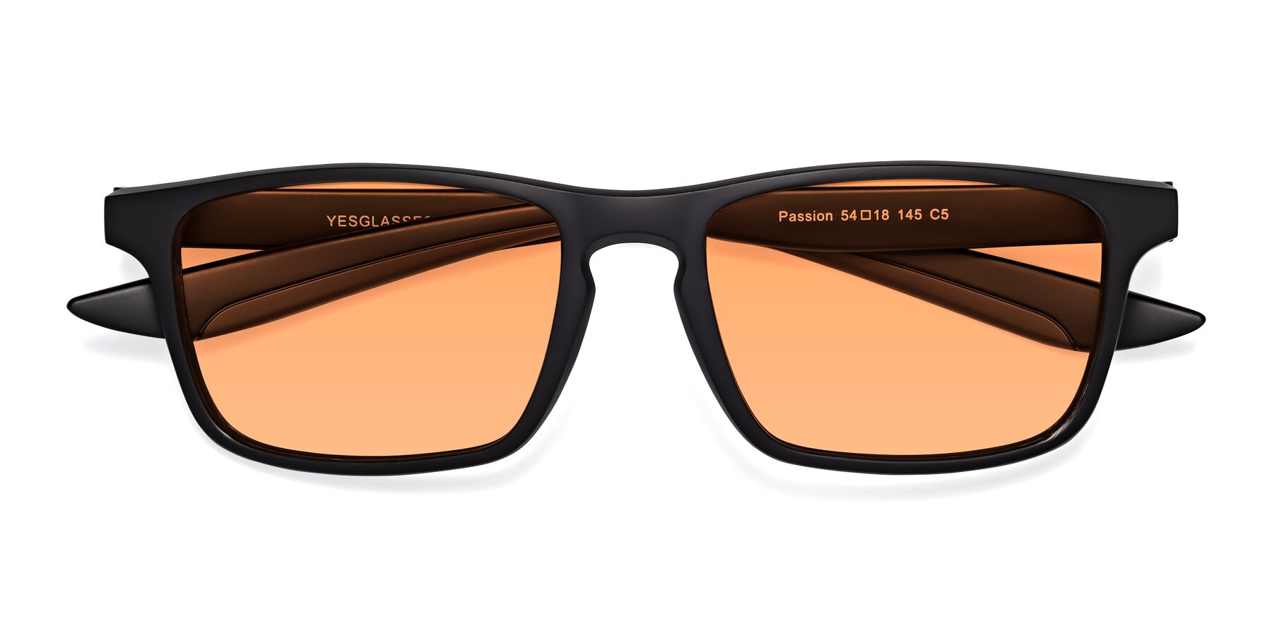 Folded Front of Passion in Matte Black-Coffee with Medium Orange Tinted Lenses