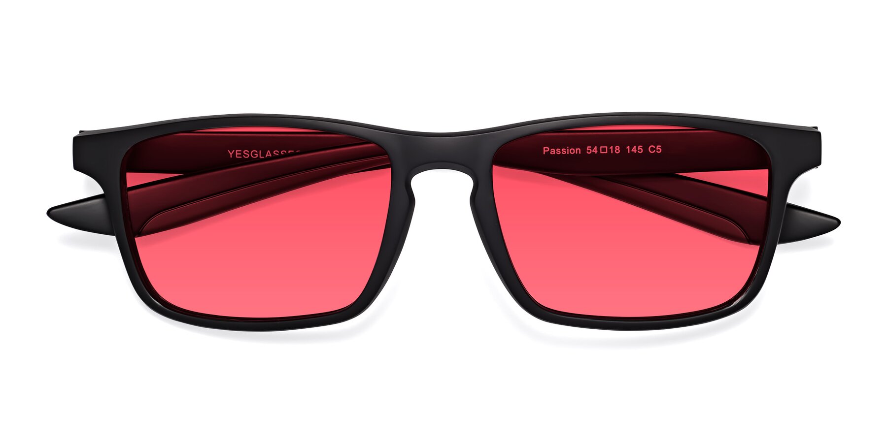 Folded Front of Passion in Matte Black-Coffee with Red Tinted Lenses