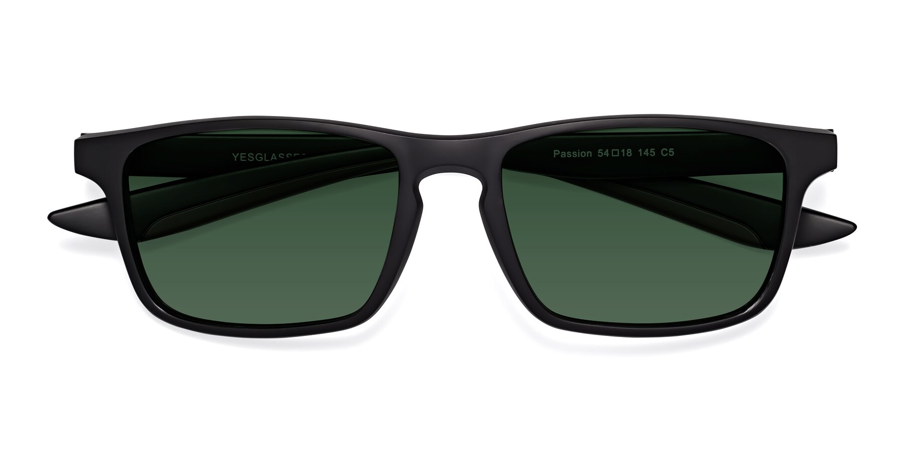 Folded Front of Passion in Matte Black-Coffee with Green Tinted Lenses