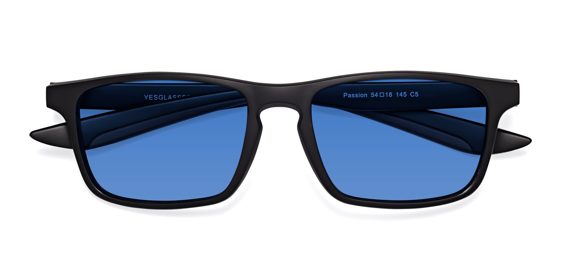 Folded Front of Passion in Matte Black-Coffee with Blue Tinted Lenses