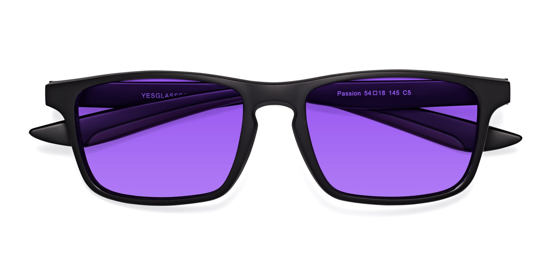 Folded Front of Passion in Matte Black-Coffee with Purple Tinted Lenses