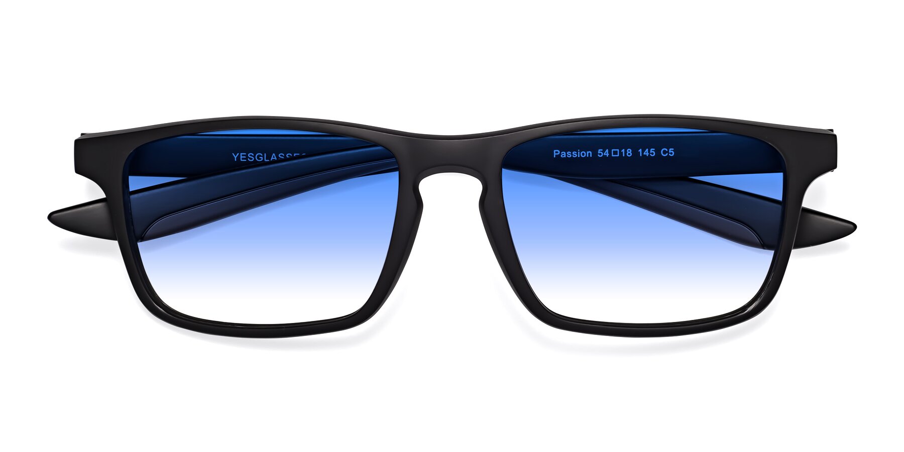 Folded Front of Passion in Matte Black-Coffee with Blue Gradient Lenses