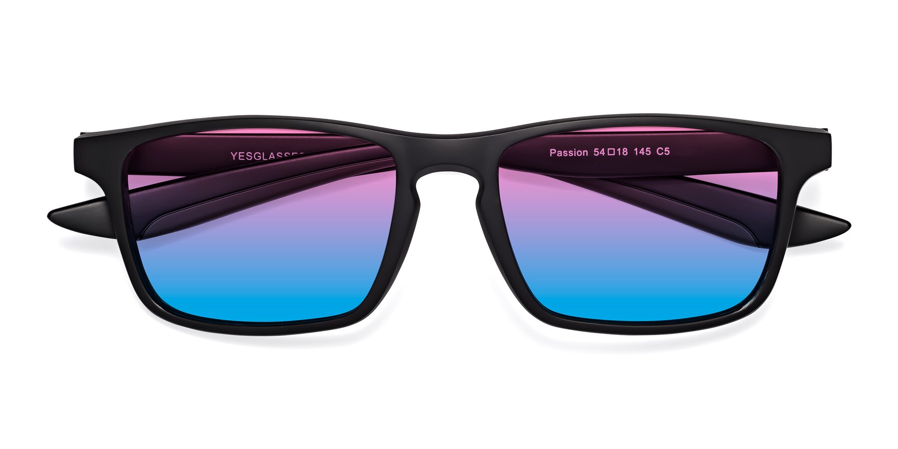 Folded Front of Passion in Matte Black-Coffee with Pink / Blue Gradient Lenses