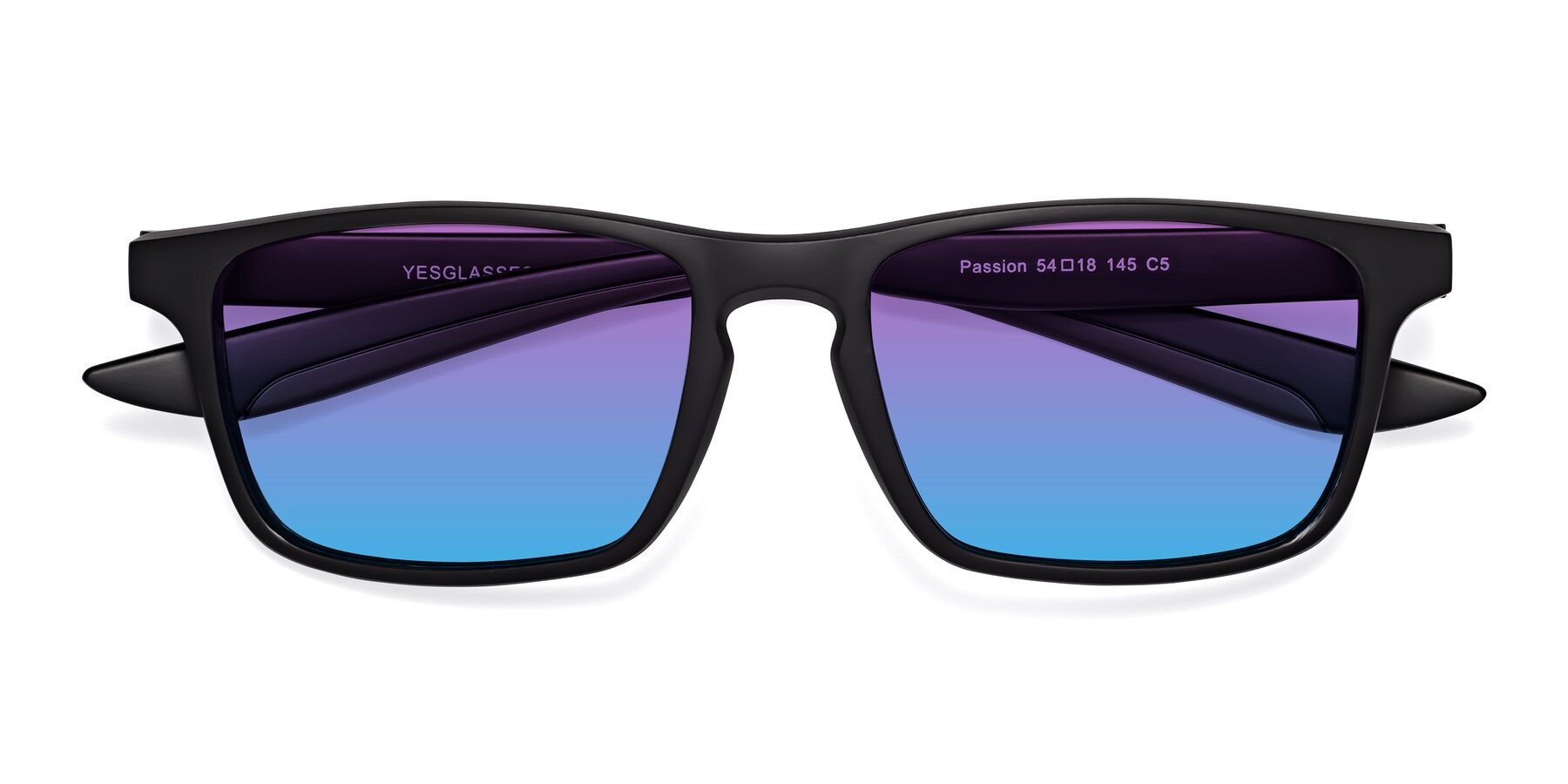 Folded Front of Passion in Matte Black-Coffee with Purple / Blue Gradient Lenses