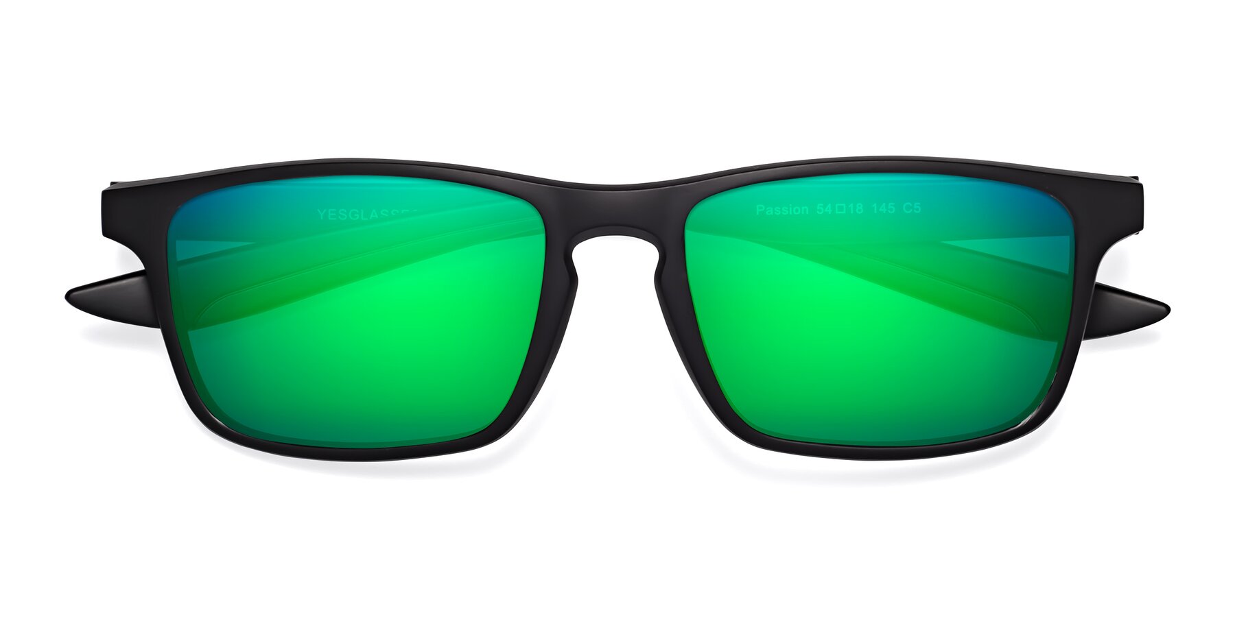 Folded Front of Passion in Matte Black-Coffee with Green Mirrored Lenses