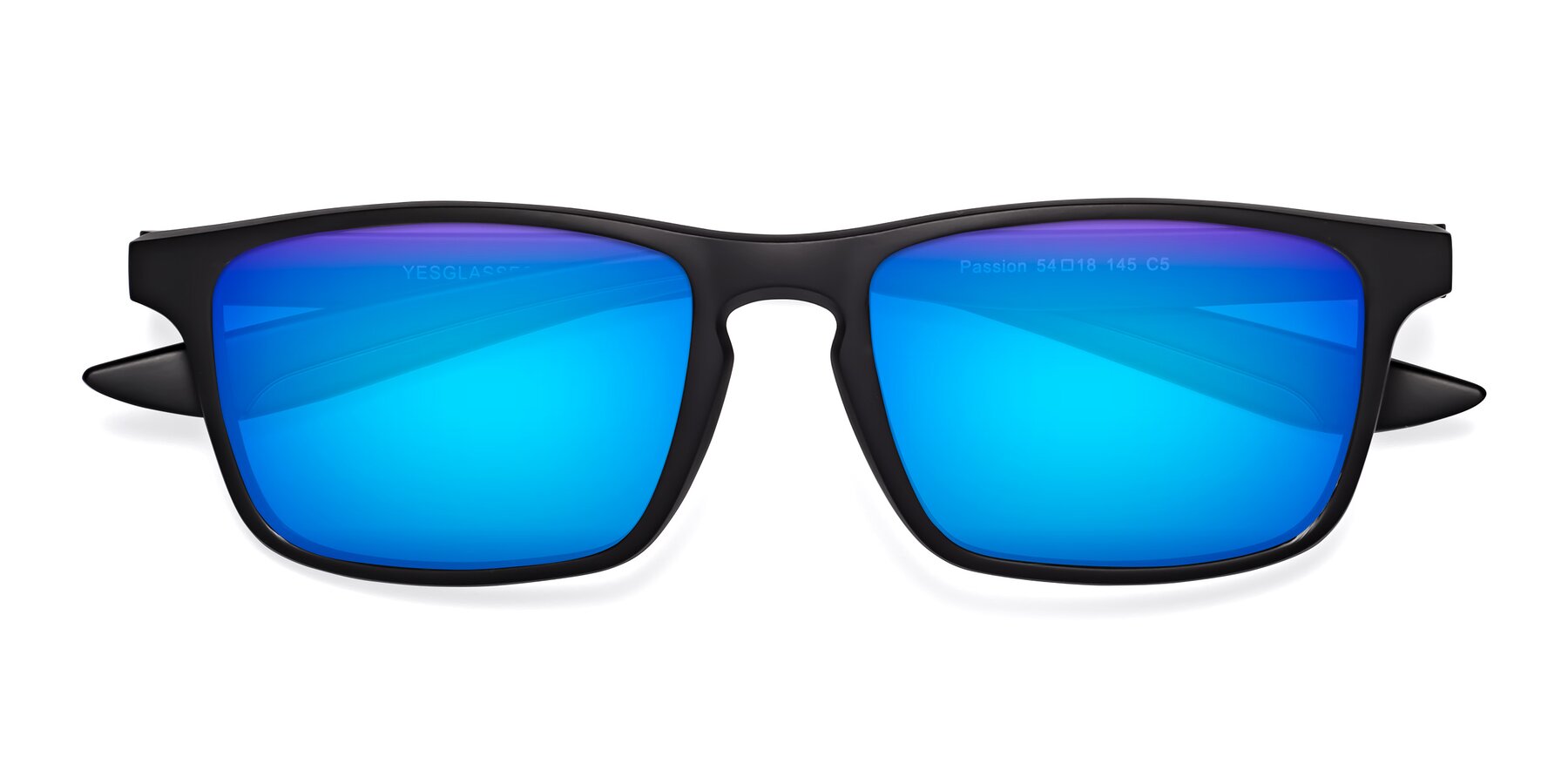 Folded Front of Passion in Matte Black-Coffee with Blue Mirrored Lenses