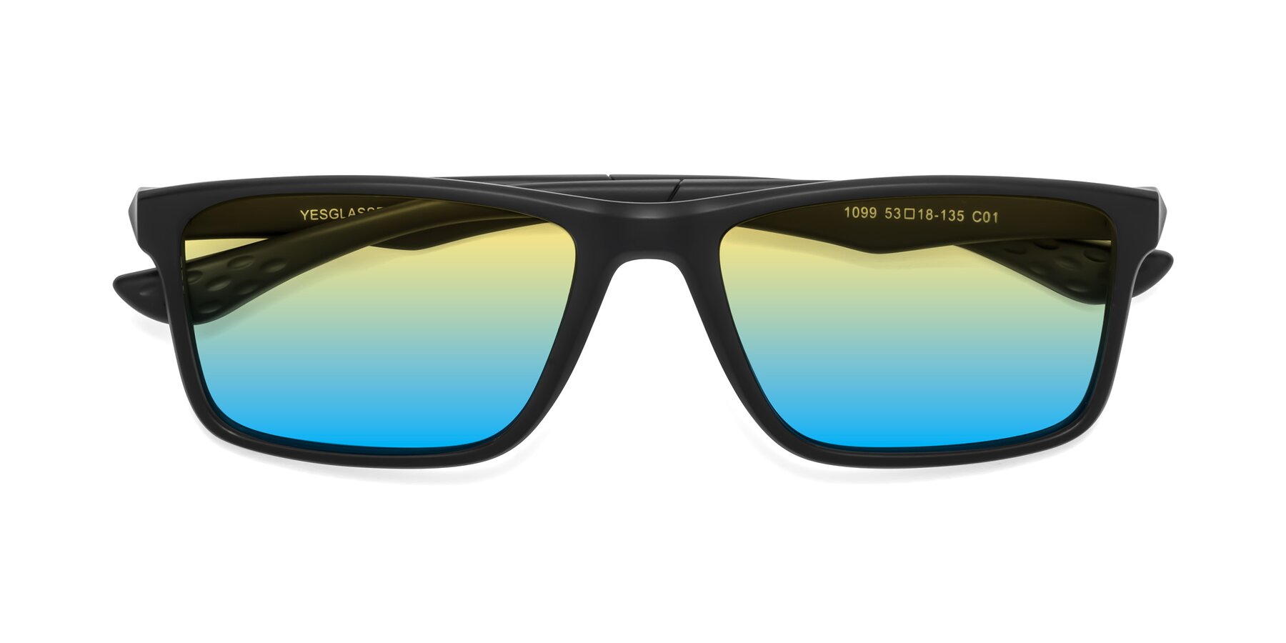 Folded Front of Engineer in Matte Black with Yellow / Blue Gradient Lenses