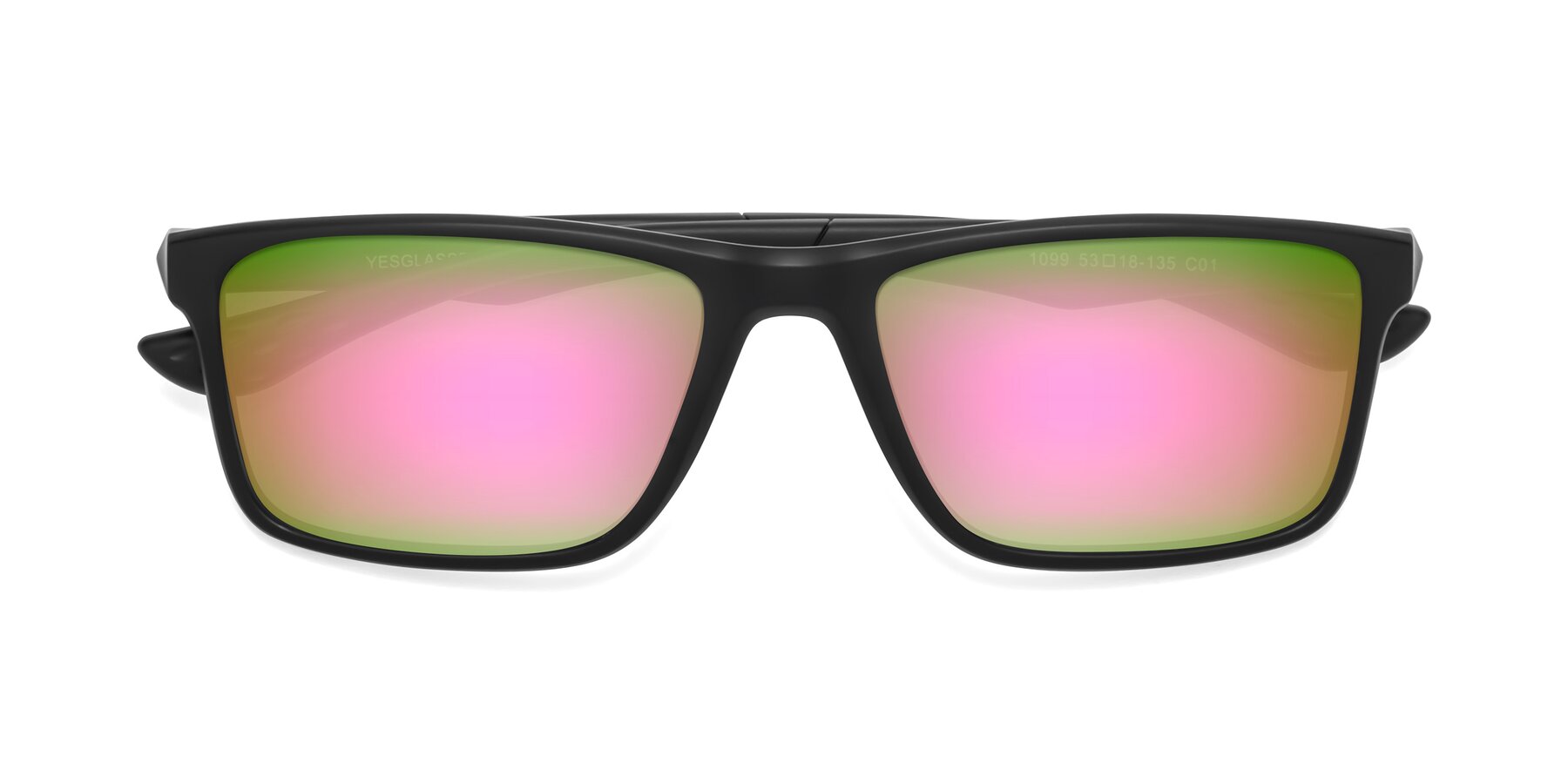 Folded Front of Engineer in Matte Black with Pink Mirrored Lenses