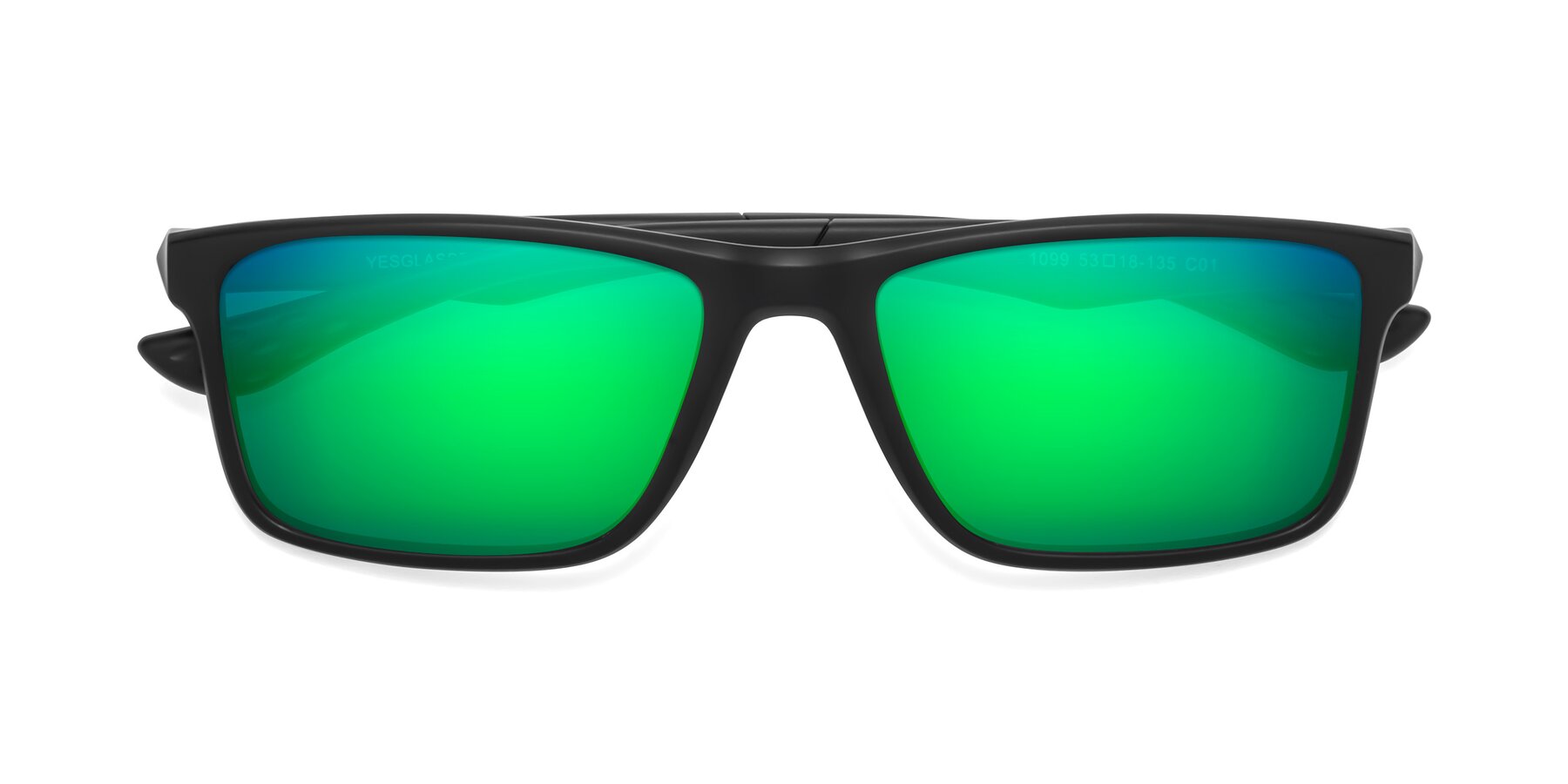 Folded Front of Engineer in Matte Black with Green Mirrored Lenses