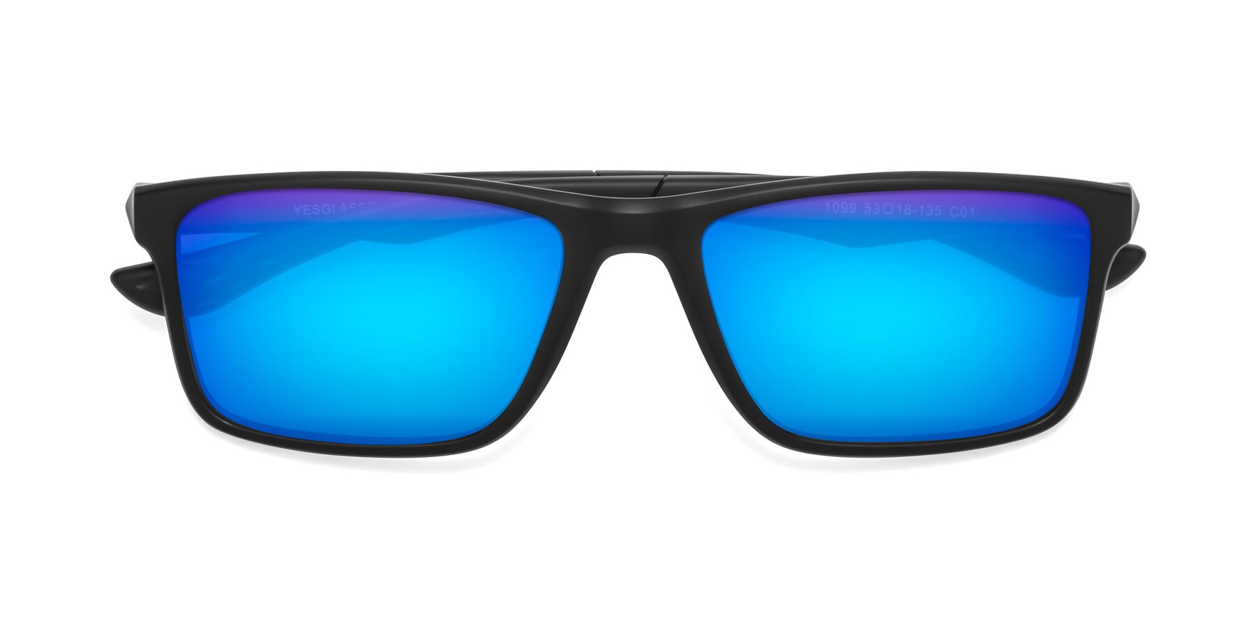 Folded Front of Engineer in Matte Black with Blue Mirrored Lenses