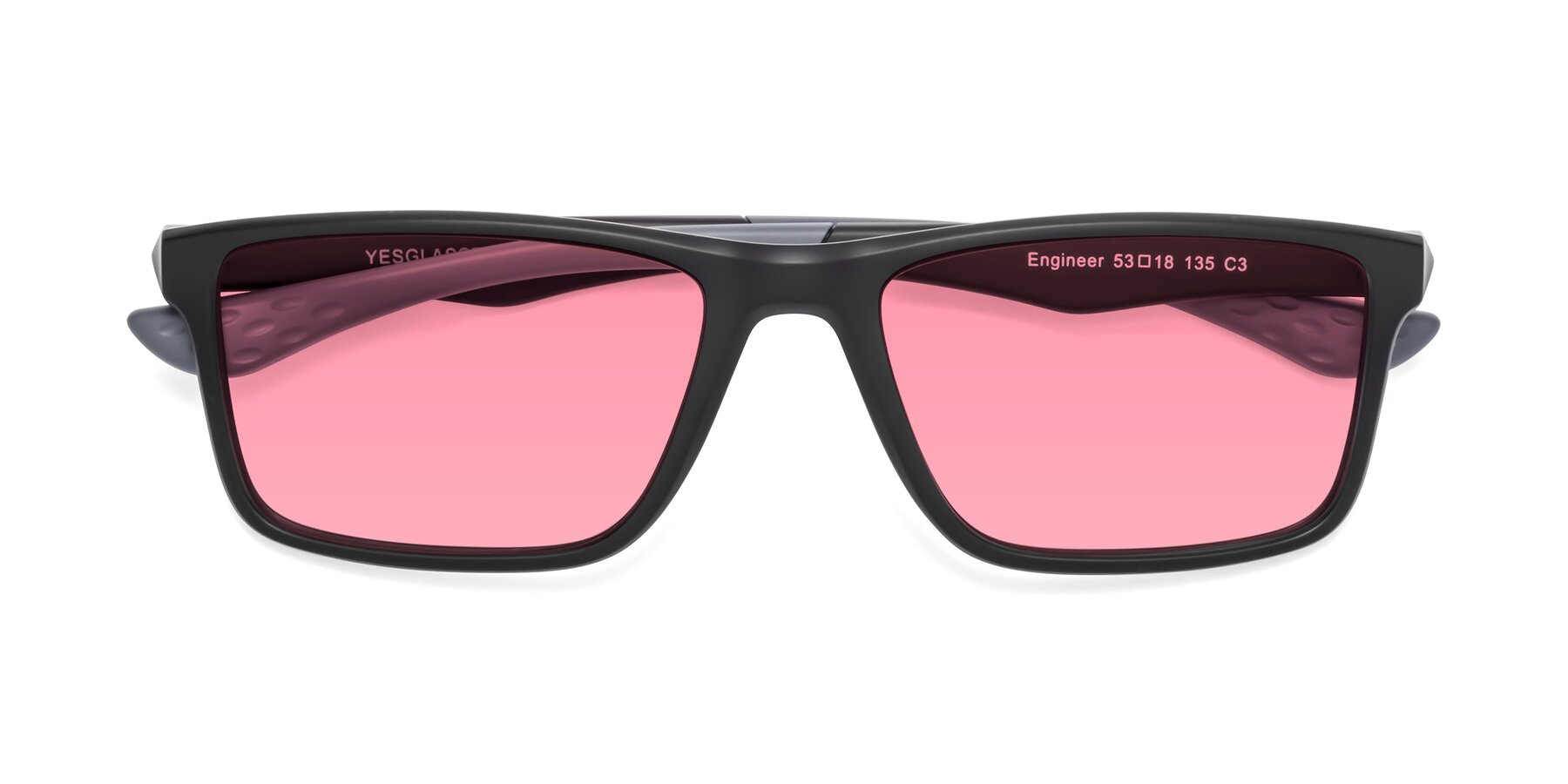 Folded Front of Engineer in Matte Black-Gray with Pink Tinted Lenses