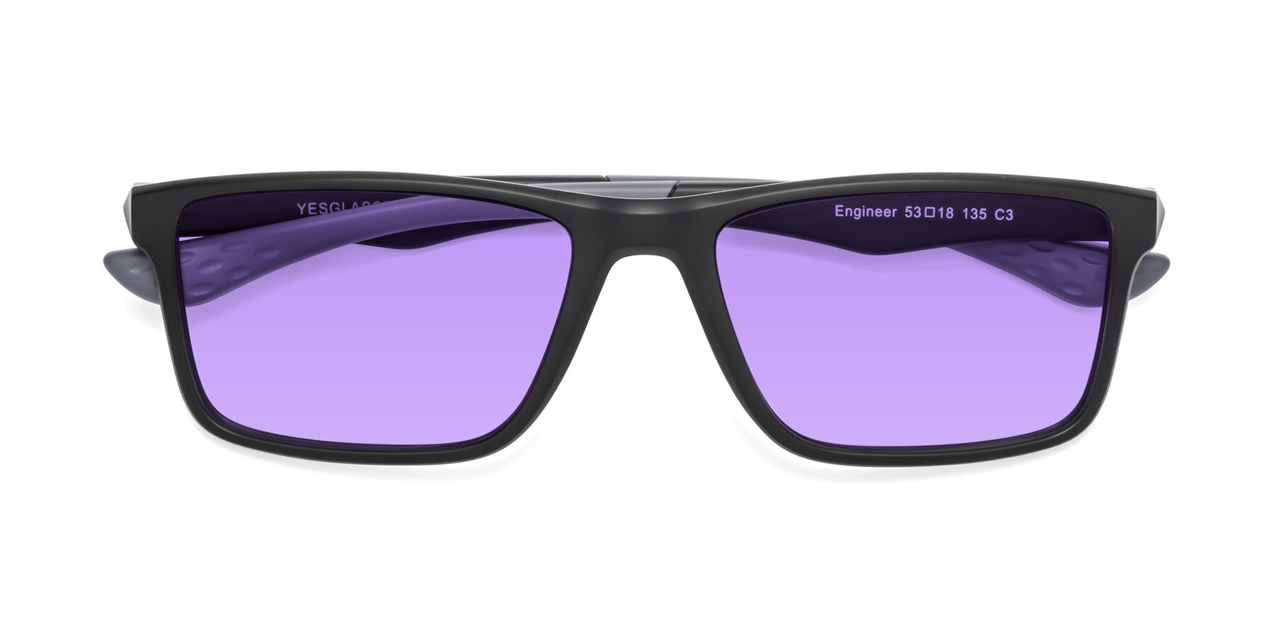 Folded Front of Engineer in Matte Black-Gray with Medium Purple Tinted Lenses