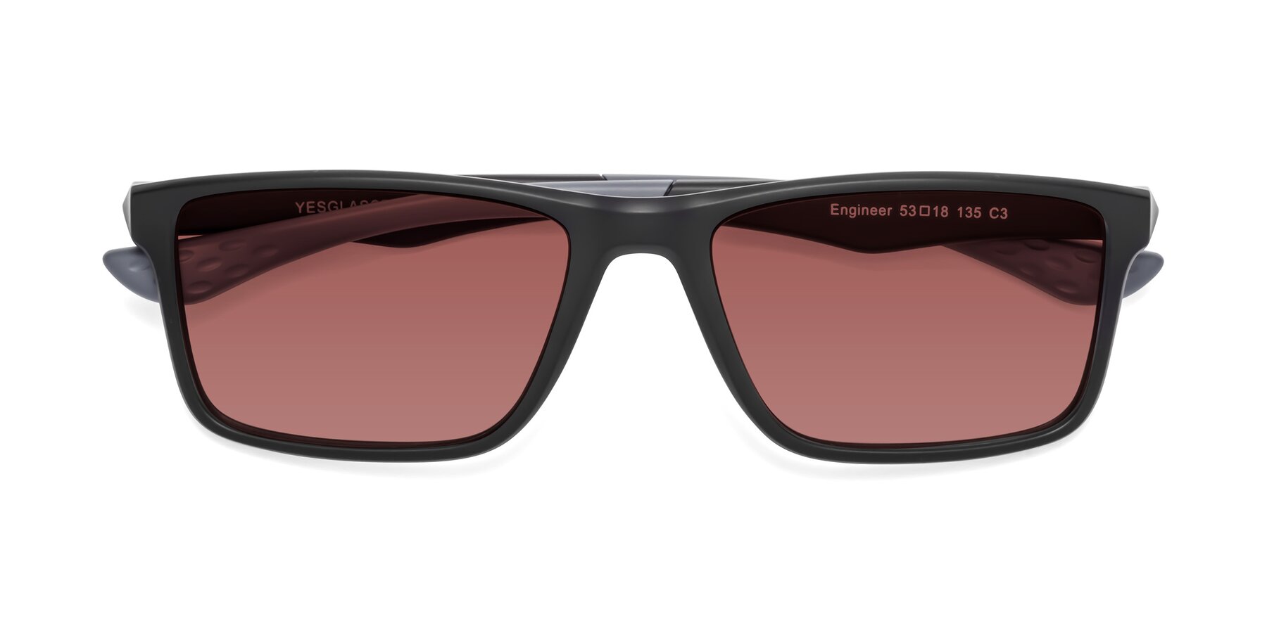 Folded Front of Engineer in Matte Black-Gray with Garnet Tinted Lenses