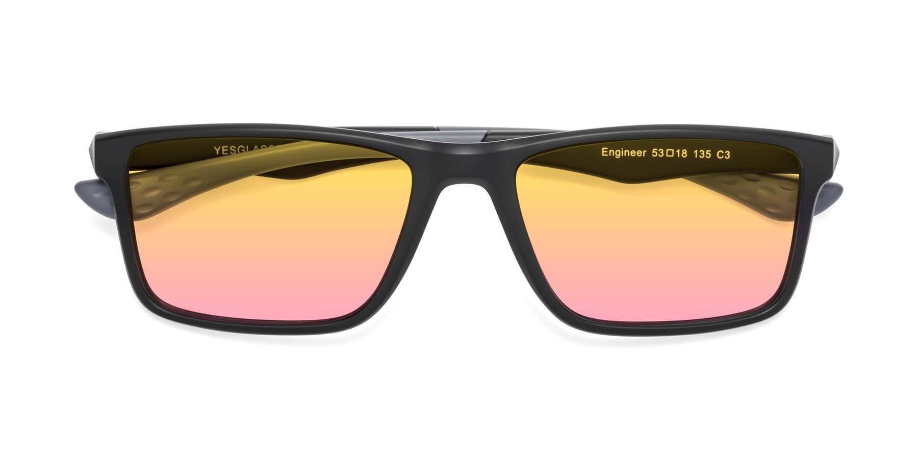 Folded Front of Engineer in Matte Black-Gray with Yellow / Pink Gradient Lenses