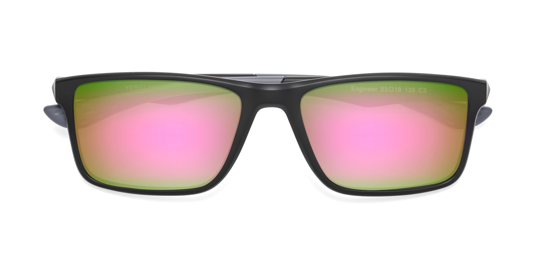 Folded Front of Engineer in Matte Black-Gray with Pink Mirrored Lenses