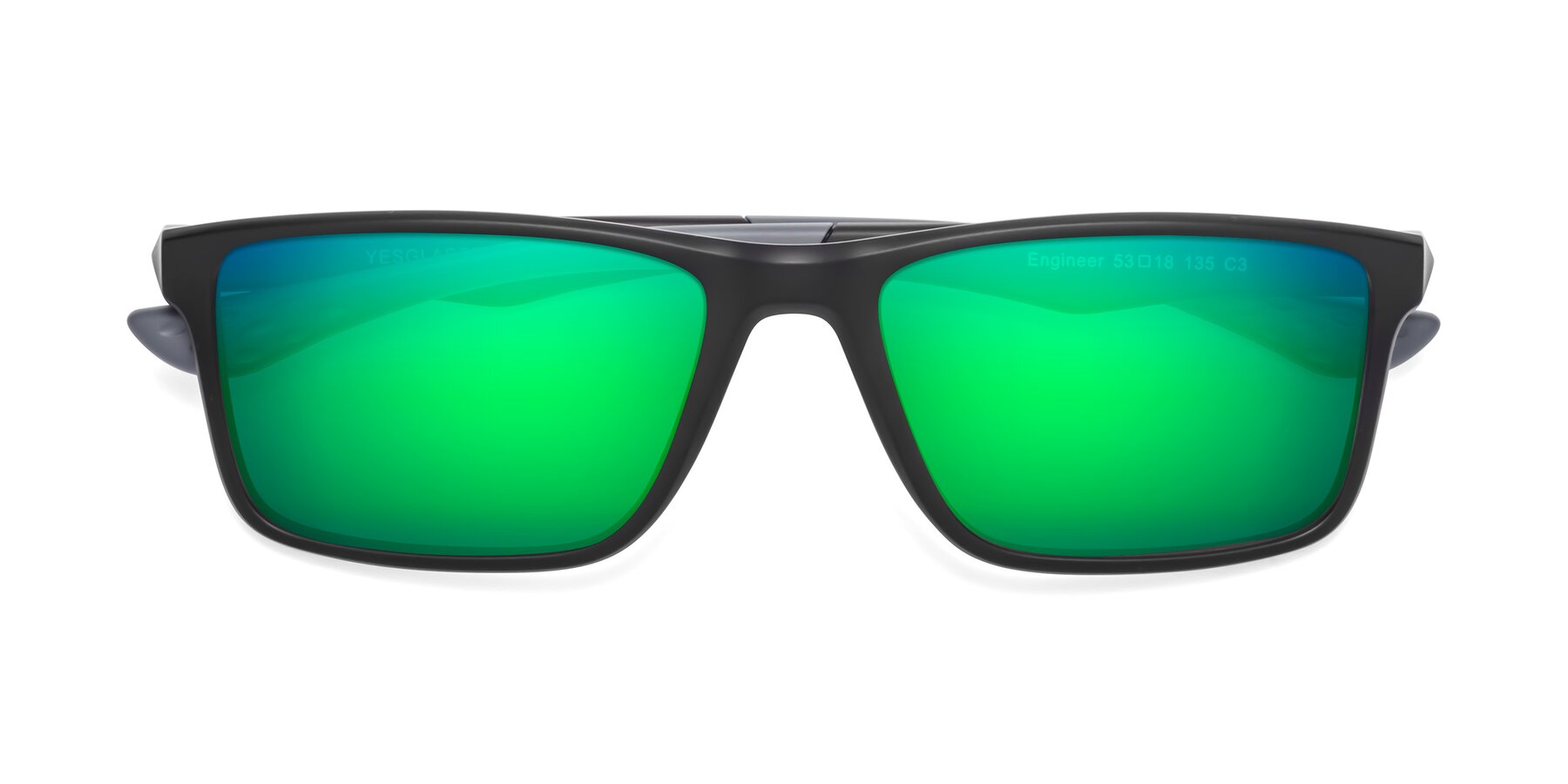 Folded Front of Engineer in Matte Black-Gray with Green Mirrored Lenses