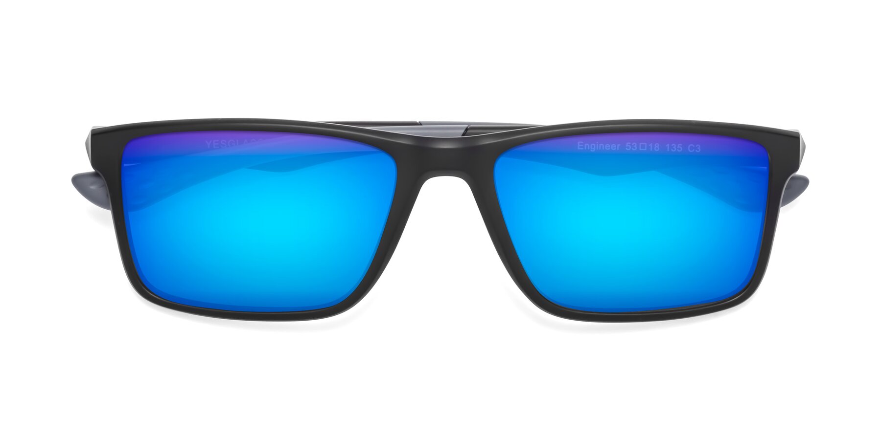 Folded Front of Engineer in Matte Black-Gray with Blue Mirrored Lenses