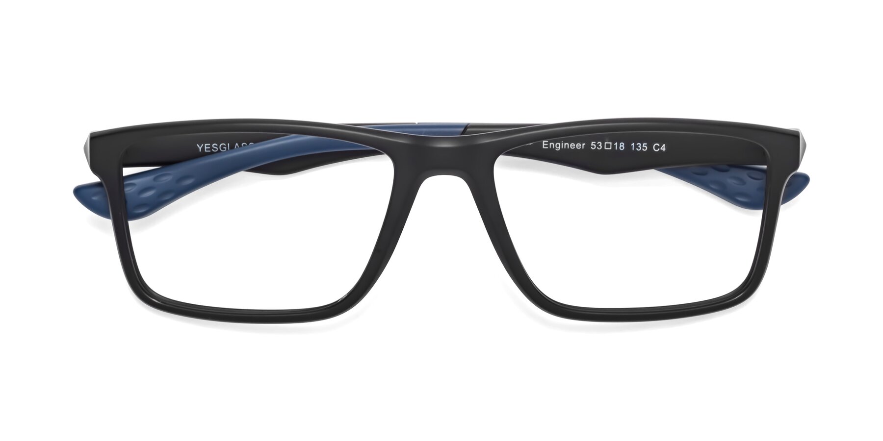 Folded Front of Engineer in Matte Black-Blue with Clear Eyeglass Lenses
