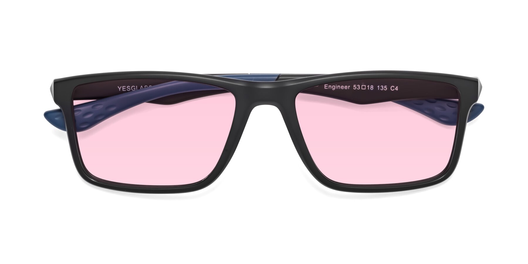 Folded Front of Engineer in Matte Black-Blue with Light Pink Tinted Lenses
