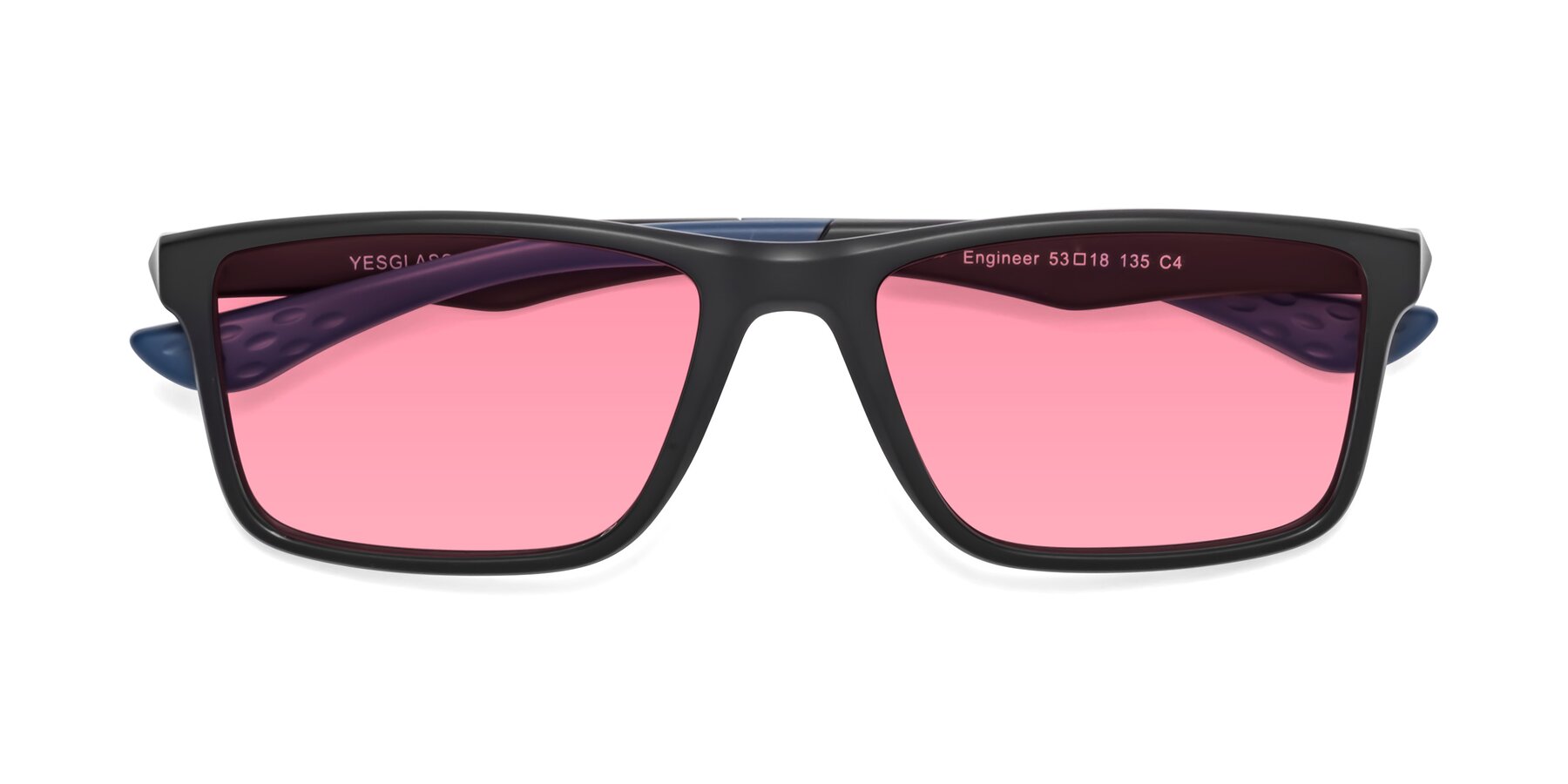 Folded Front of Engineer in Matte Black-Blue with Pink Tinted Lenses