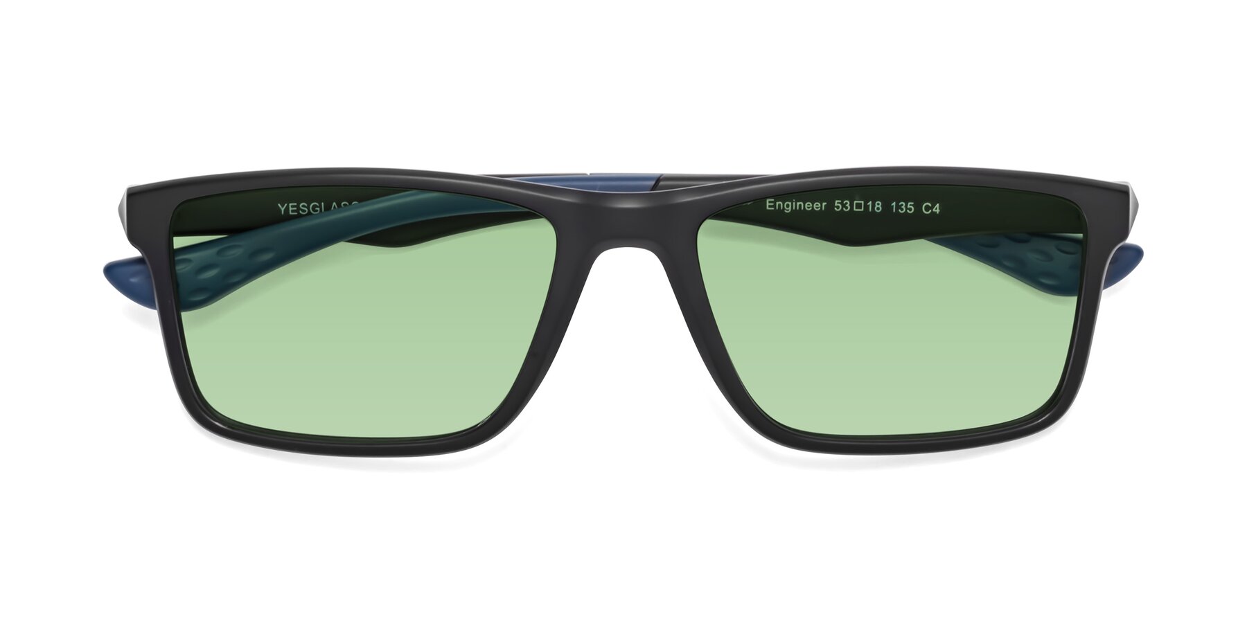 Folded Front of Engineer in Matte Black-Blue with Medium Green Tinted Lenses