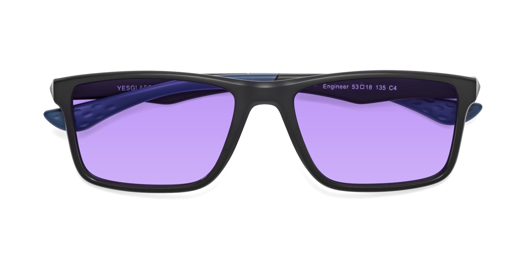 Folded Front of Engineer in Matte Black-Blue with Medium Purple Tinted Lenses