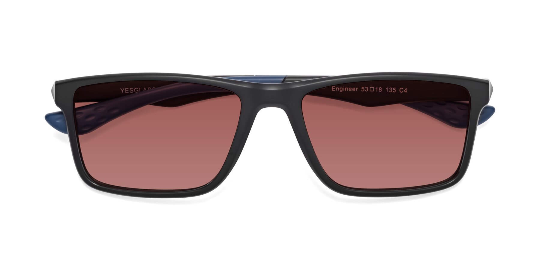 Folded Front of Engineer in Matte Black-Blue with Garnet Tinted Lenses