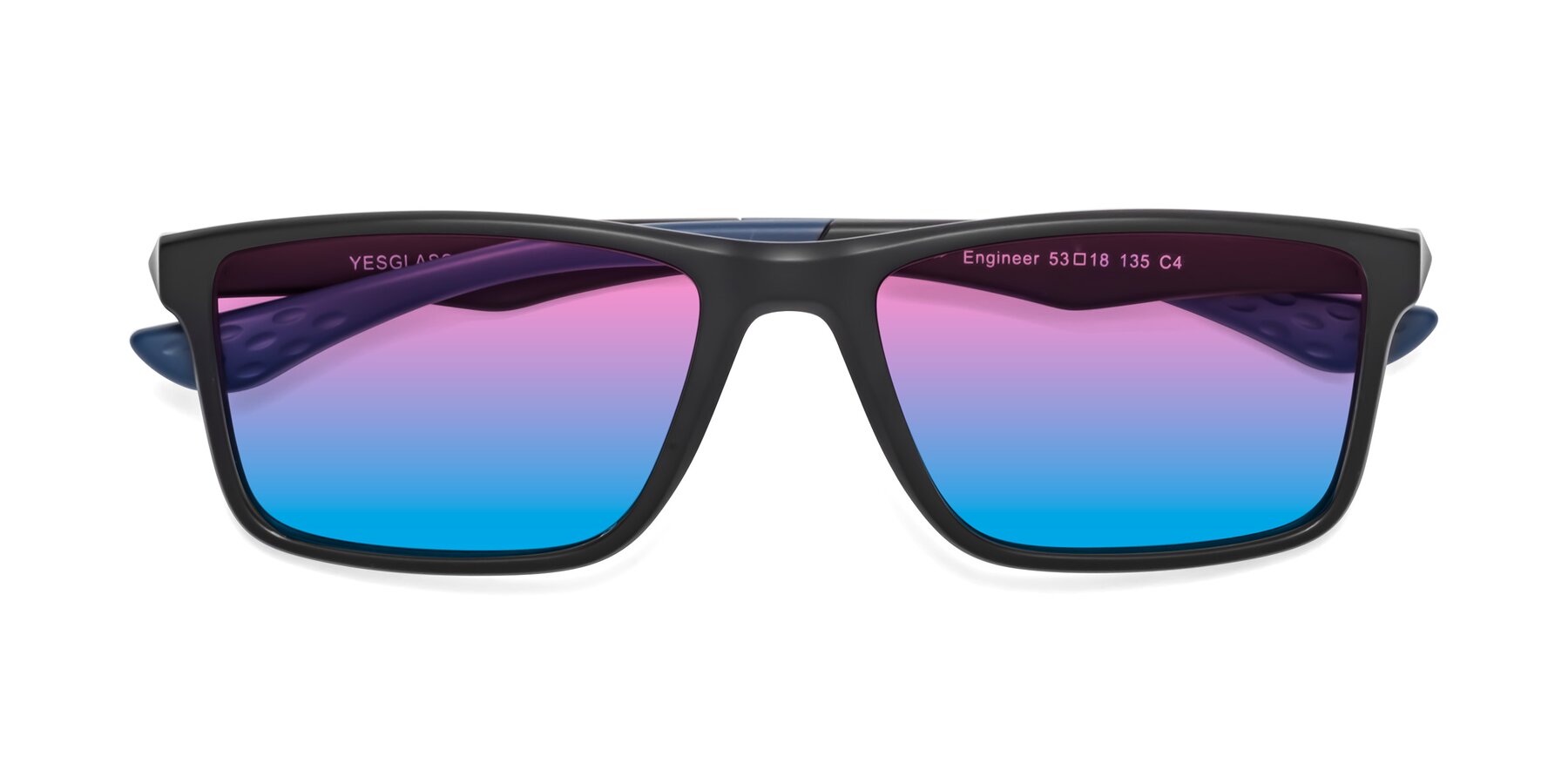 Folded Front of Engineer in Matte Black-Blue with Pink / Blue Gradient Lenses