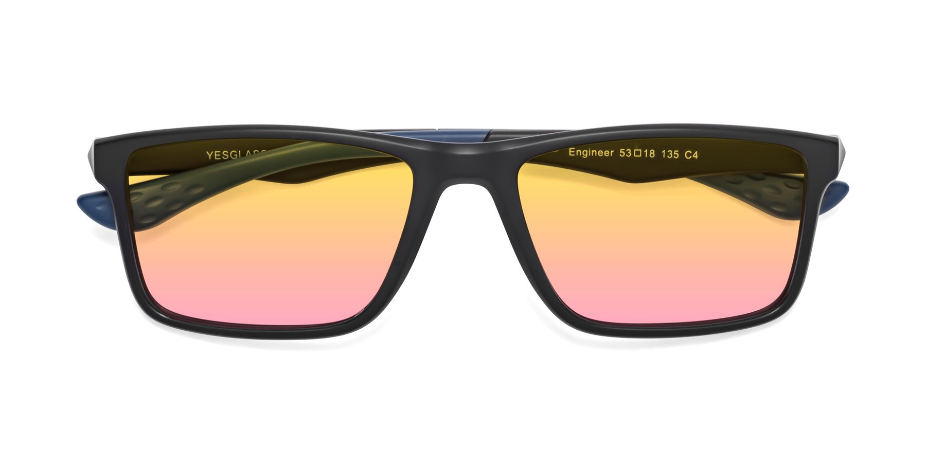 Folded Front of Engineer in Matte Black-Blue with Yellow / Pink Gradient Lenses