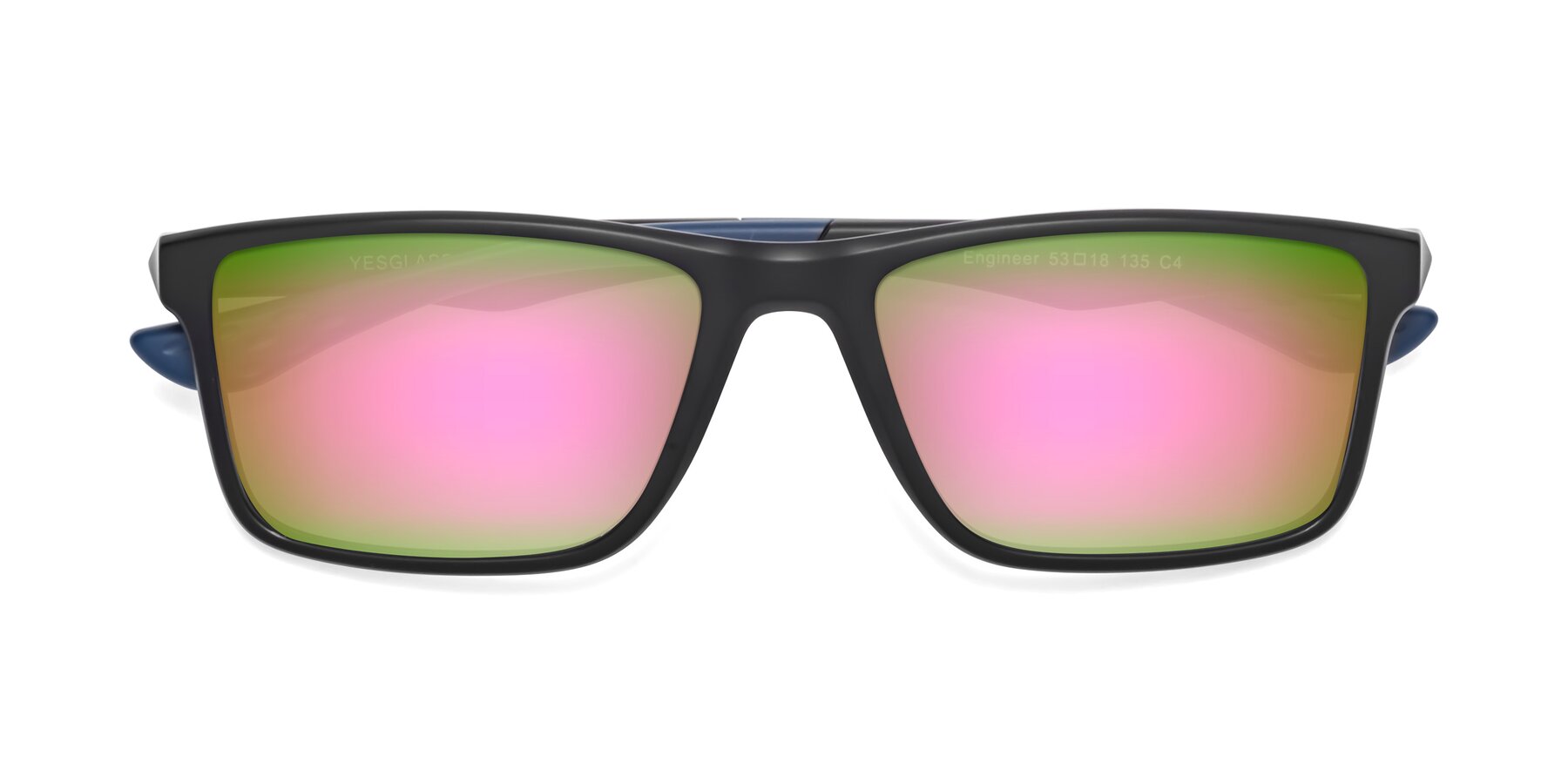 Folded Front of Engineer in Matte Black-Blue with Pink Mirrored Lenses