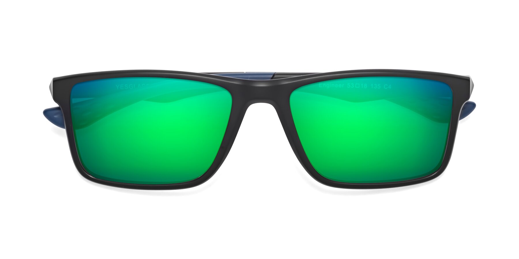 Folded Front of Engineer in Matte Black-Blue with Green Mirrored Lenses