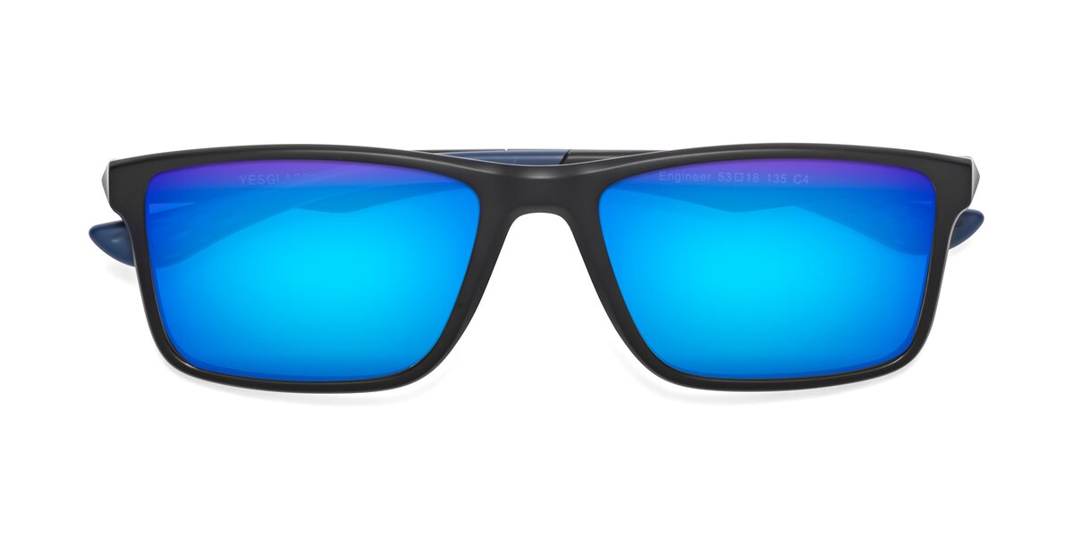 Matte Black Classic Tr90 Rectangle Mirrored Sunglasses With Blue