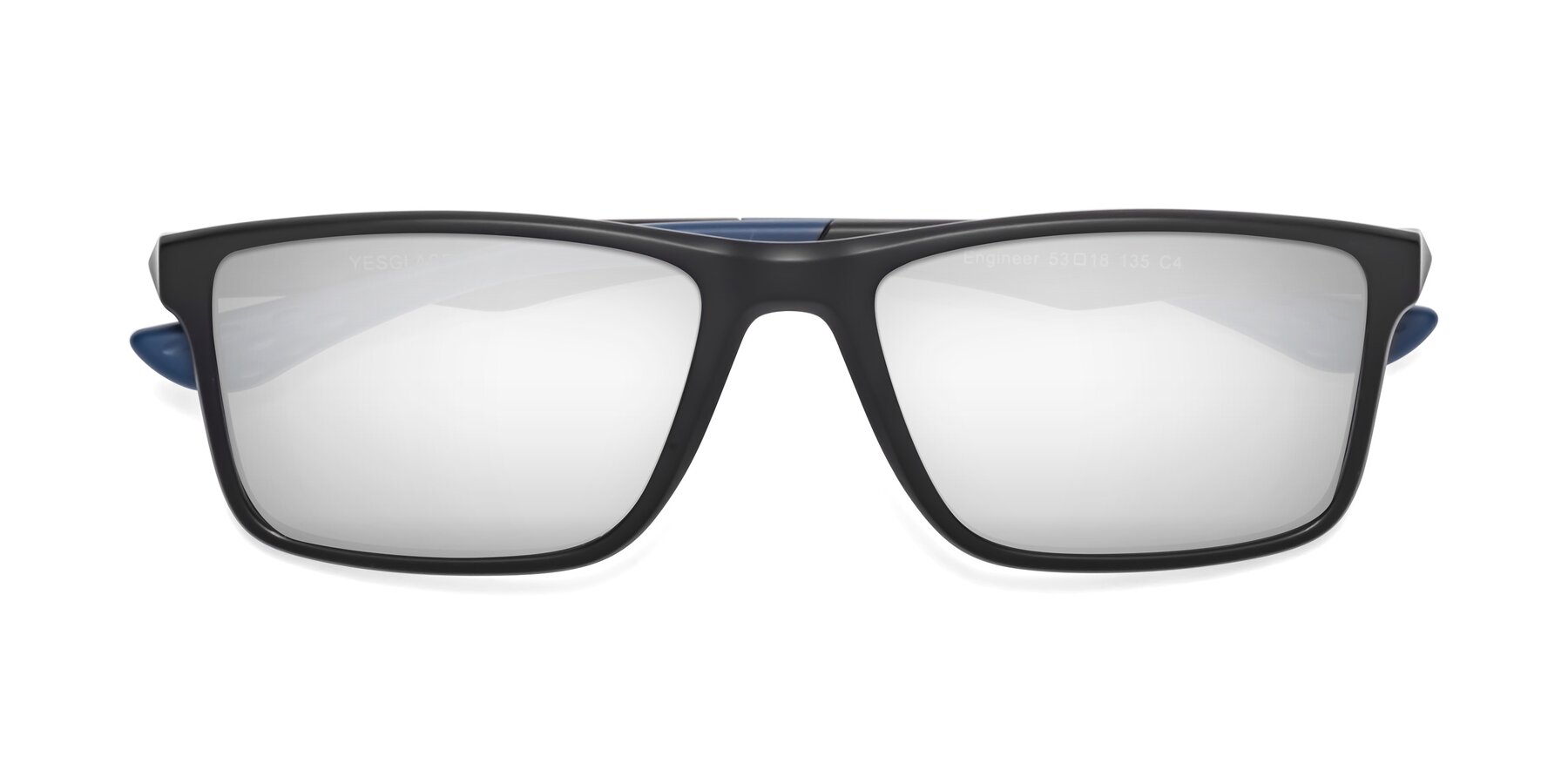 Folded Front of Engineer in Matte Black-Blue with Silver Mirrored Lenses