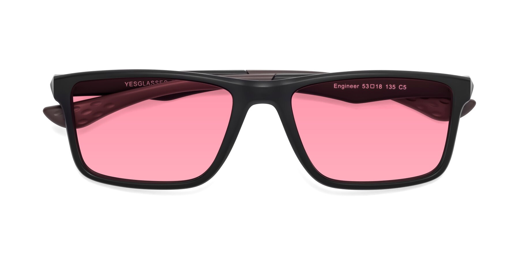 Folded Front of Engineer in Matte Black-Coffee with Pink Tinted Lenses