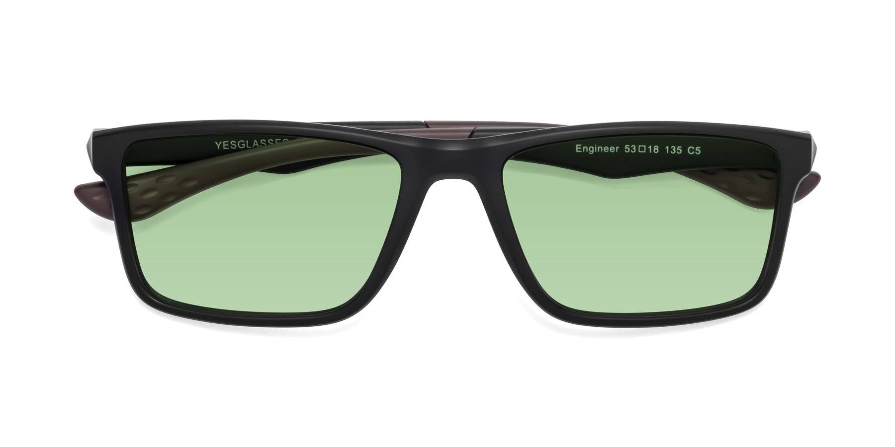 Folded Front of Engineer in Matte Black-Coffee with Medium Green Tinted Lenses