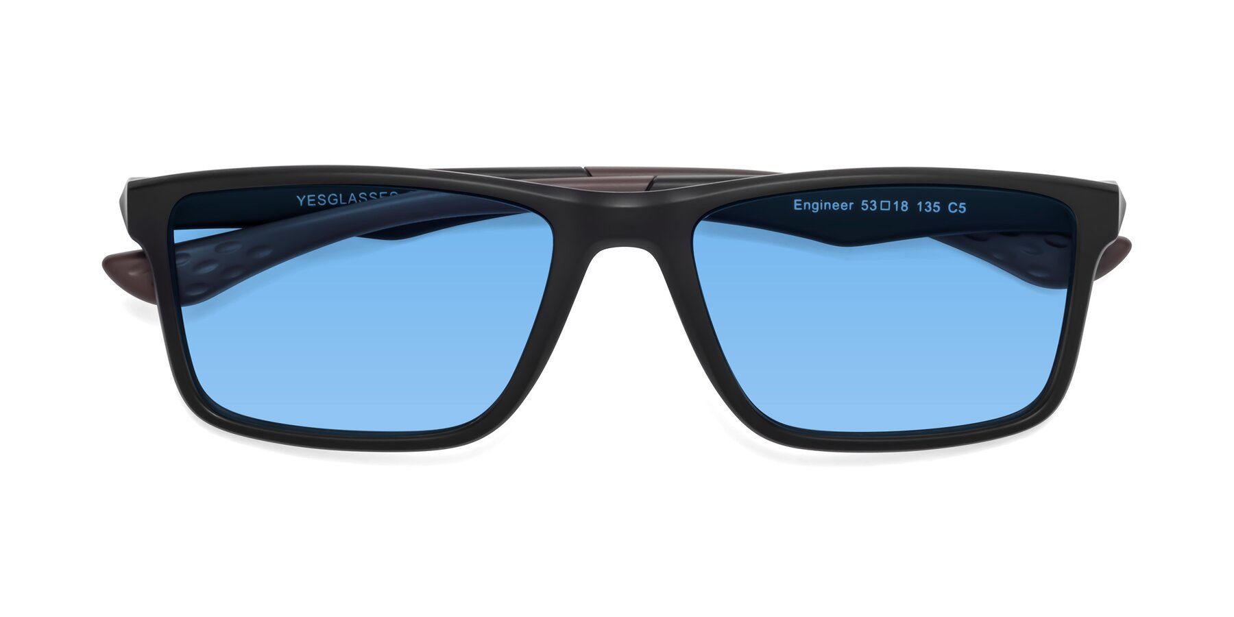 Folded Front of Engineer in Matte Black-Coffee with Medium Blue Tinted Lenses