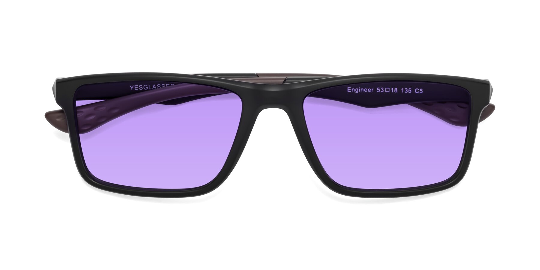 Folded Front of Engineer in Matte Black-Coffee with Medium Purple Tinted Lenses