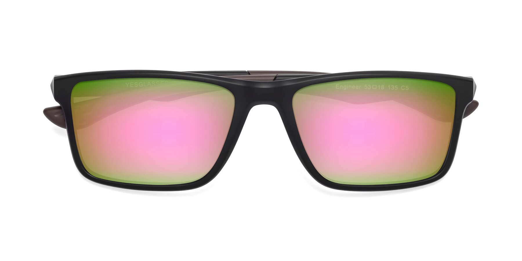 Folded Front of Engineer in Matte Black-Coffee with Pink Mirrored Lenses