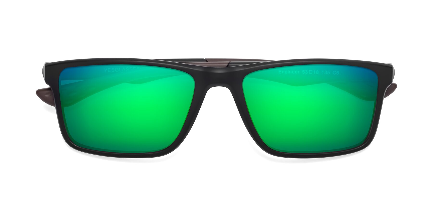 Folded Front of Engineer in Matte Black-Coffee with Green Mirrored Lenses