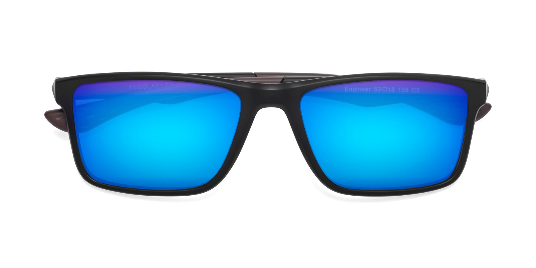 Folded Front of Engineer in Matte Black-Coffee with Blue Mirrored Lenses