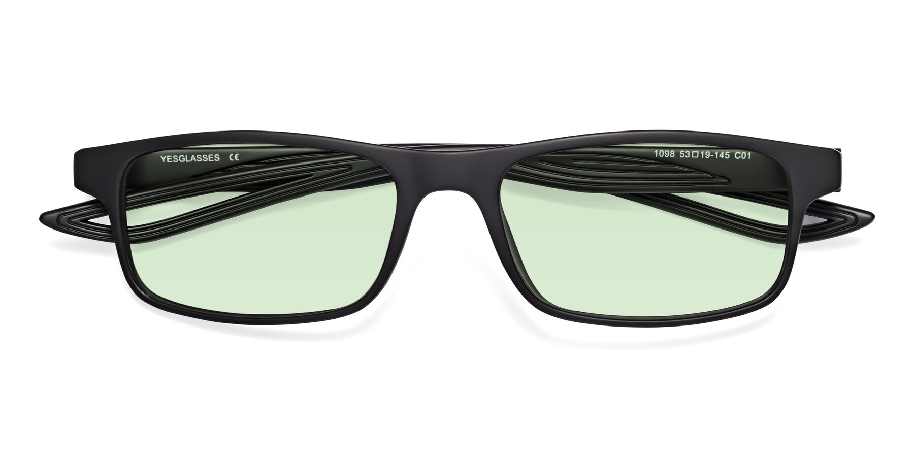 Folded Front of Bill in Matte Black with Light Green Tinted Lenses